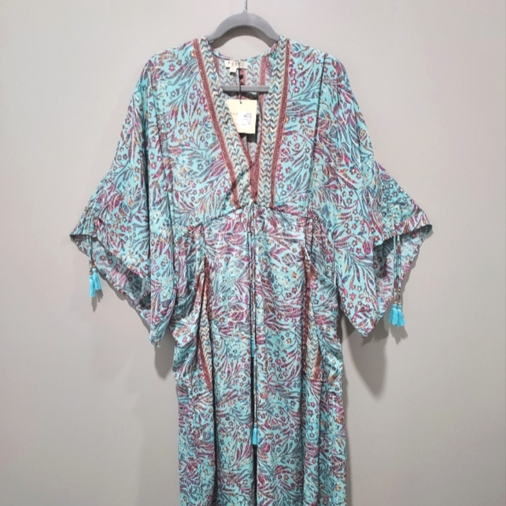 Boho Maxi Dress Womens Size Small Tropical Tassels Resort Vacation Kaftan Gypsy
